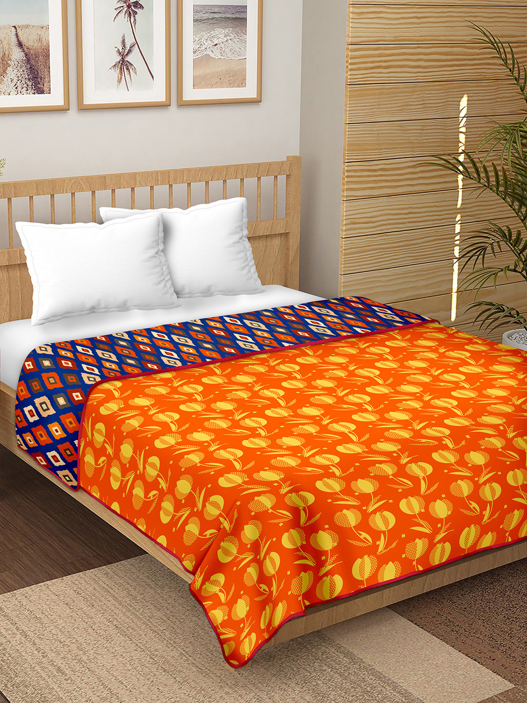 BELLA CASA Navy Blue & Orange Floral Microfiber AC Room 150 GSM Double Bed Dohar