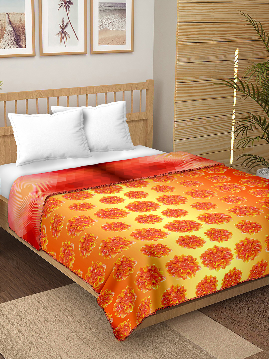 BELLA CASA Yellow & Red Floral Microfiber AC Room 150 GSM Double Bed Dohar