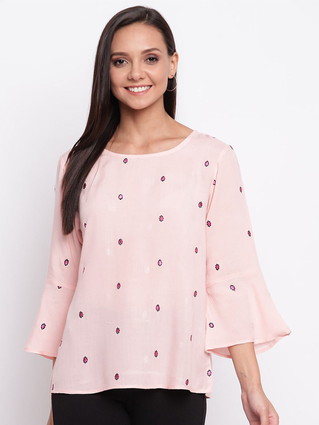 Mayra Pink Bell Sleeves Ethnic Motifs Top