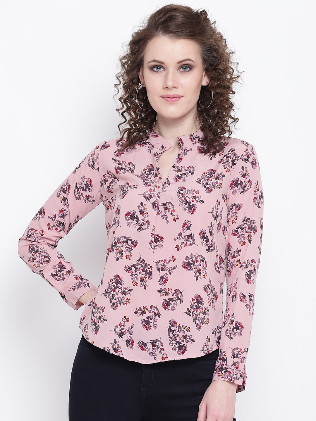 Mayra Pink Floral Print High Neck Regular Top