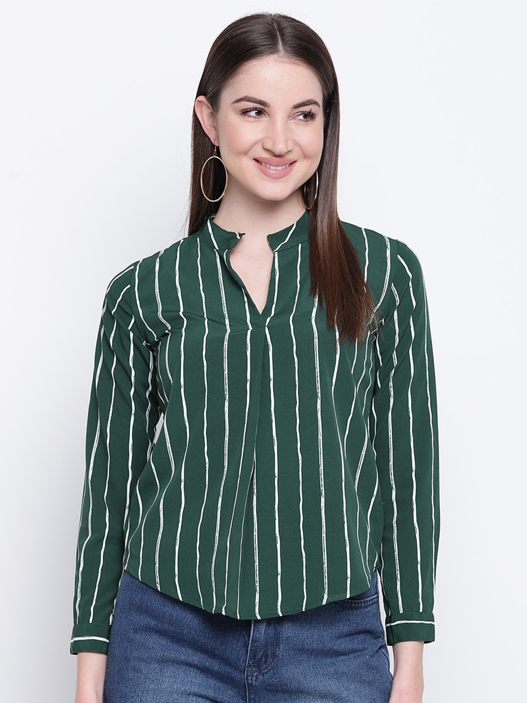 Mayra Green Vertical Striped V-Neck Top