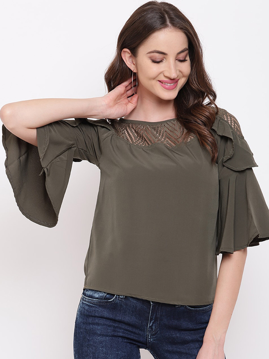 Mayra Round Neck Lace Inserts Bell Sleeves Top