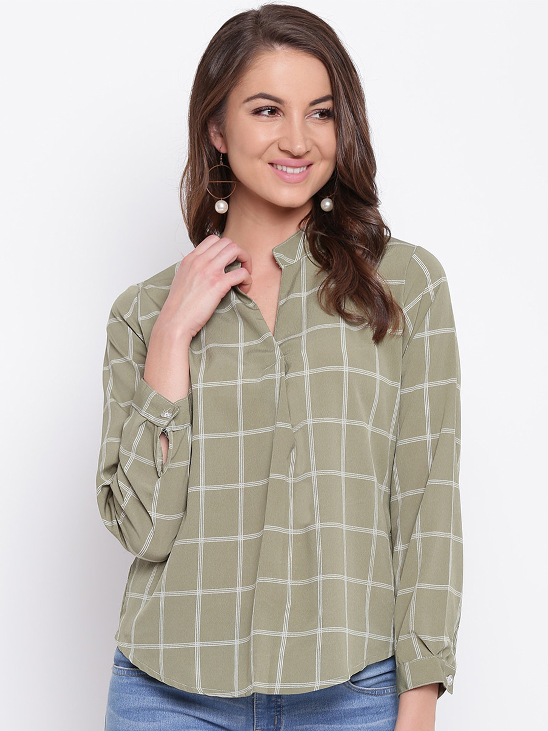 Mayra Checked Mandarin Collar Shirt Style Top