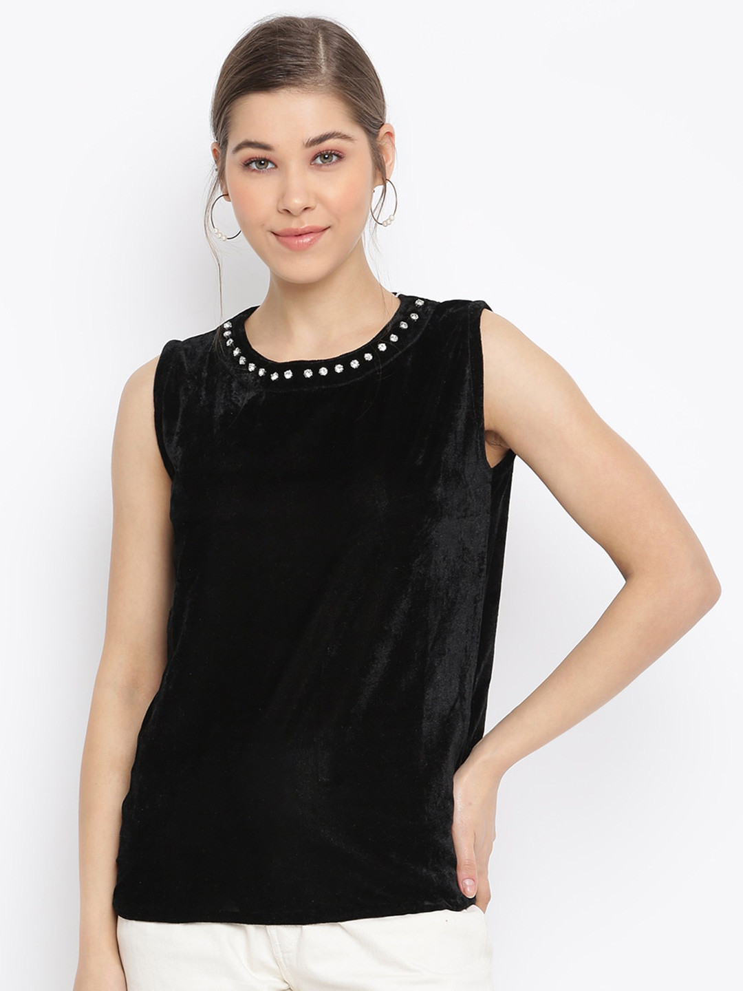 Mayra Embellished Detail Sleeveless Velvet Top
