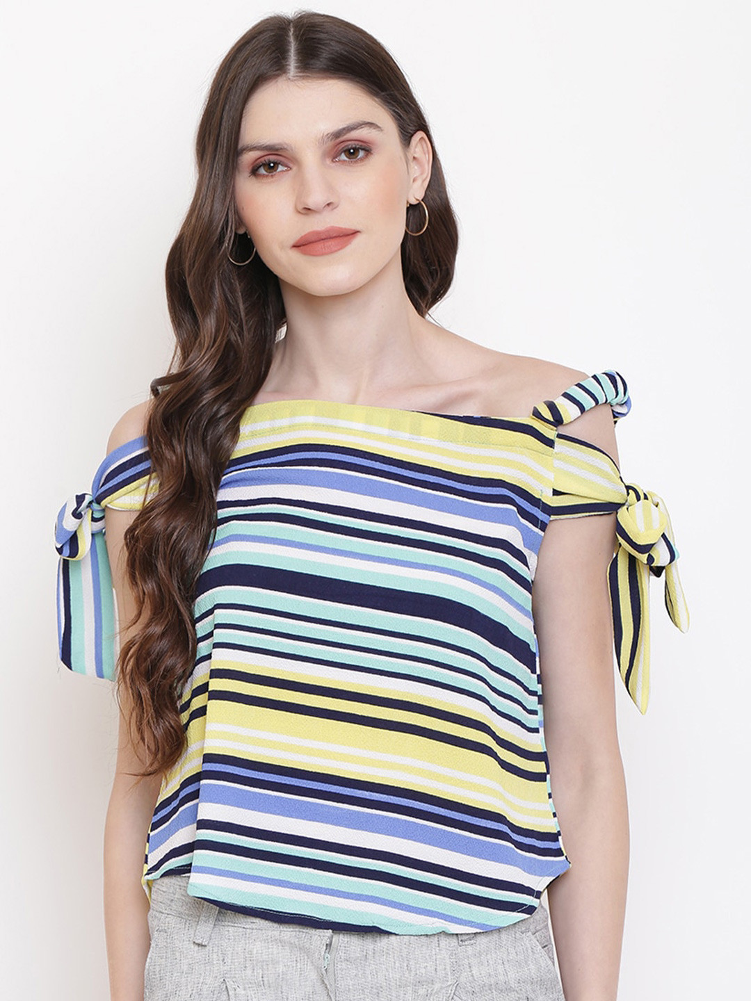 Mayra Striped Square Neck Tie-Up Detail Top