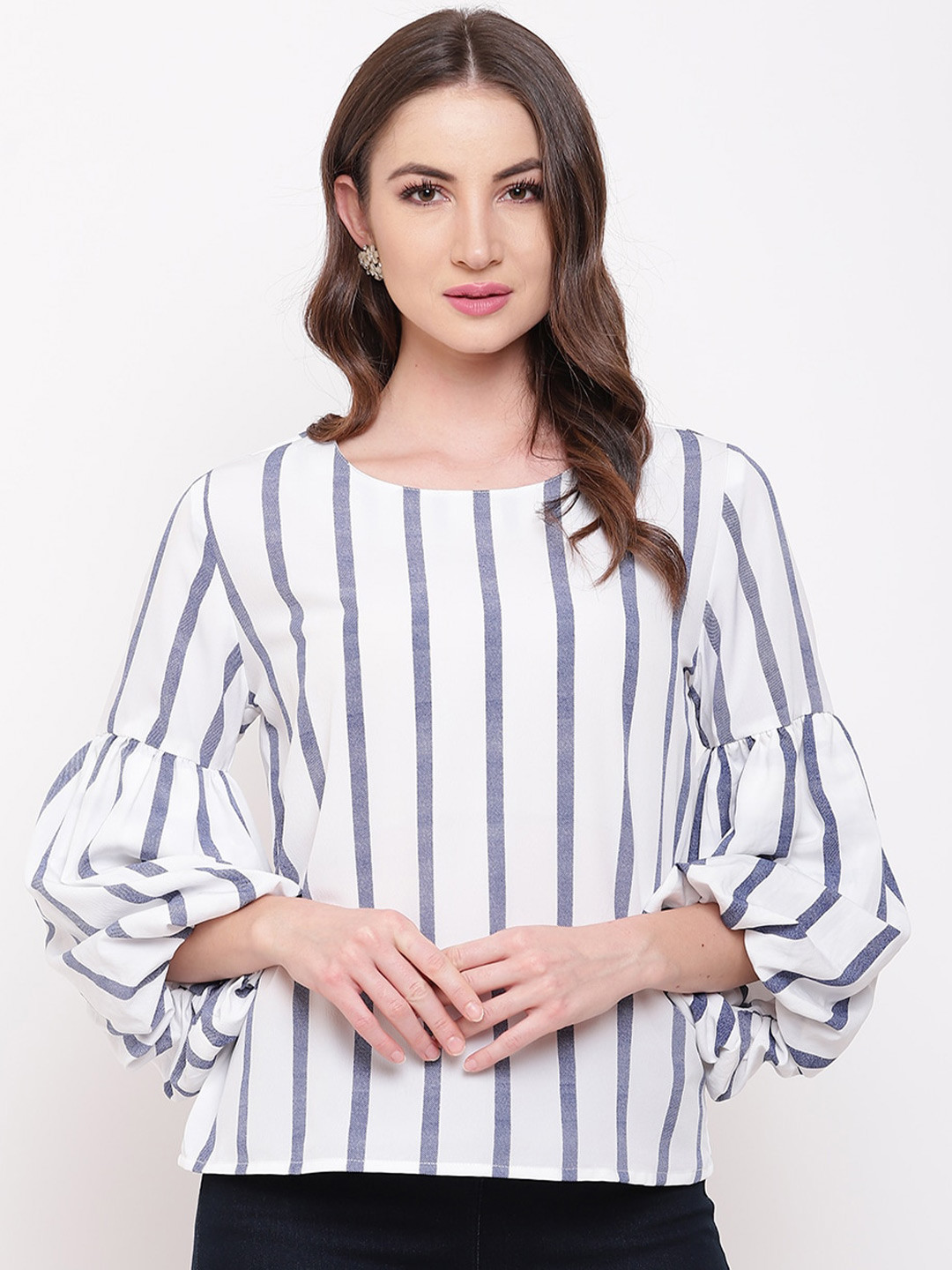 Mayra Vertical Striped Puff Sleeves Crepe Top