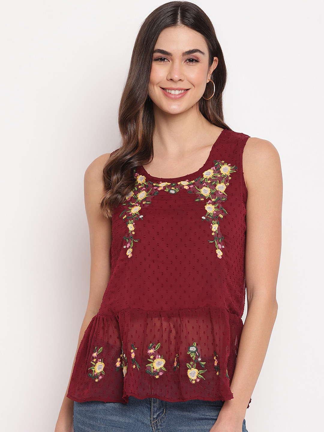 Mayra Floral Embroidered Sleeveless Peplum Top
