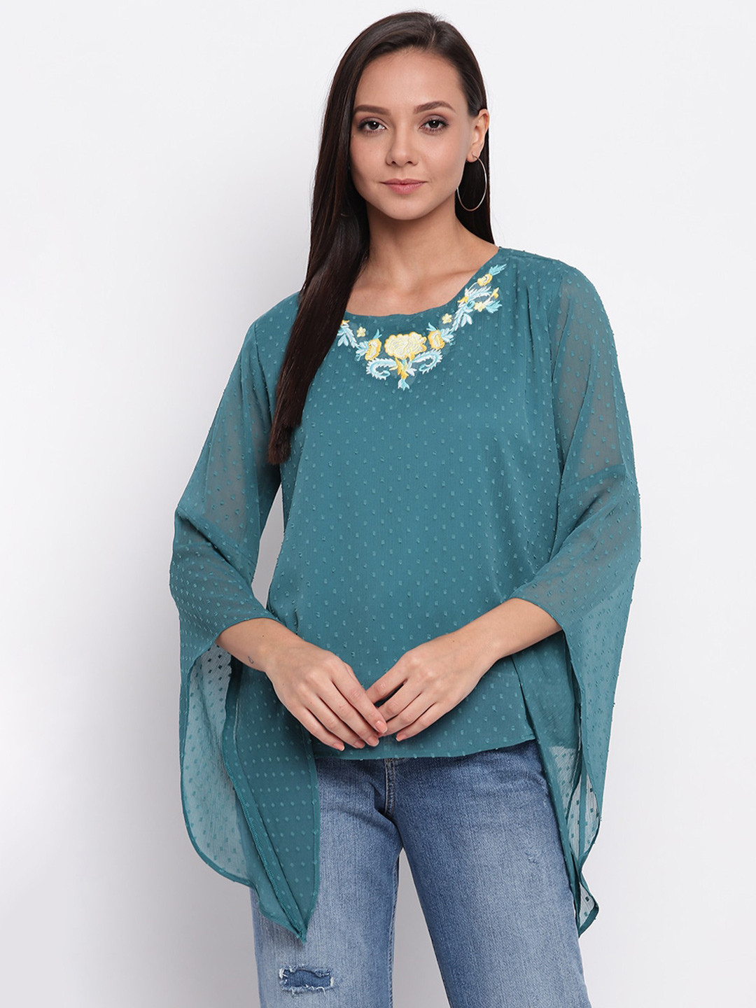 Teal and Yellow Embroidered Bell Sleeves Top