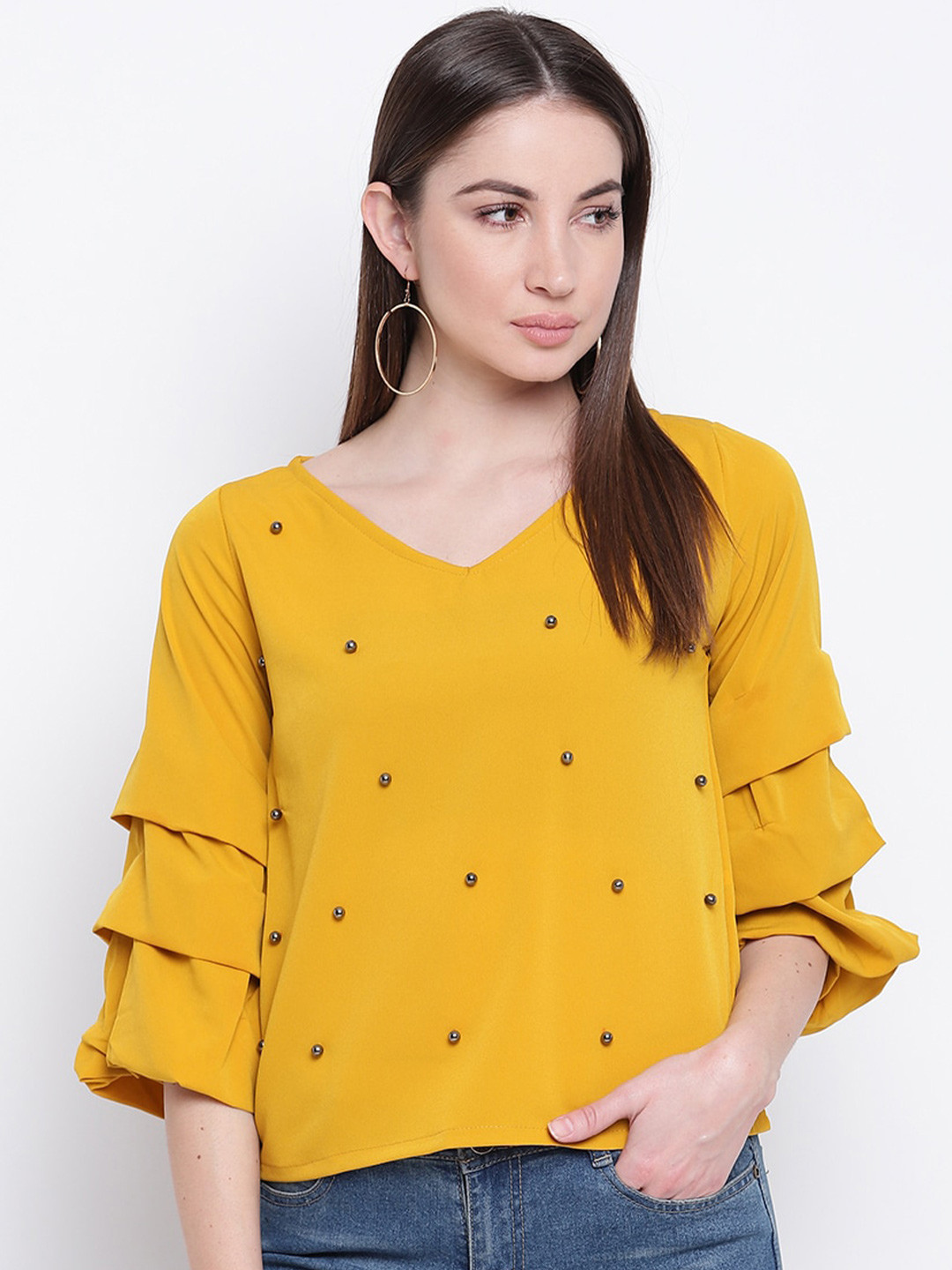 Mayra Yellow V-neck Studded Layered Sleeves Crepe Top