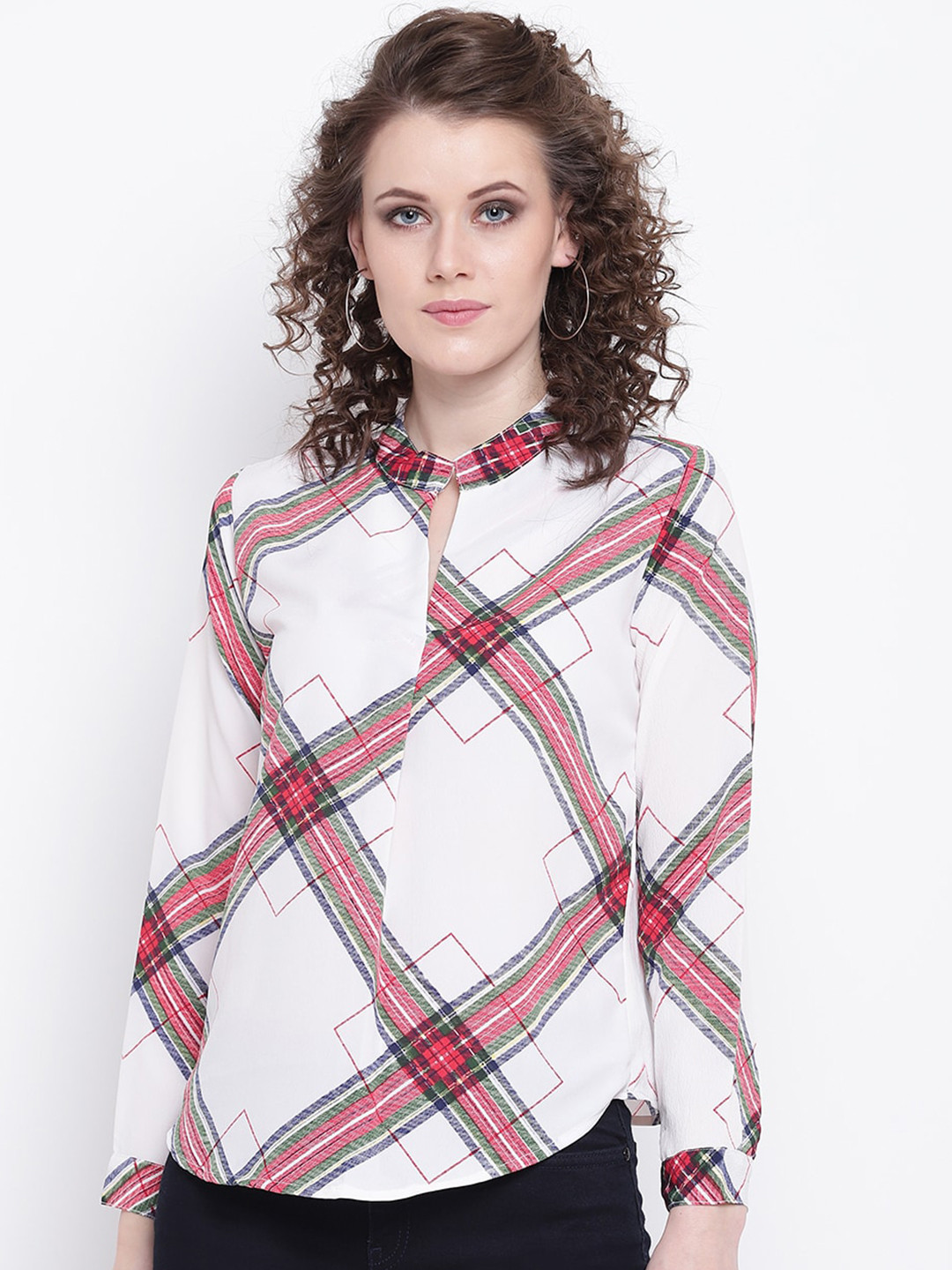 Mayra Checked Band Collar Shirt Style Top