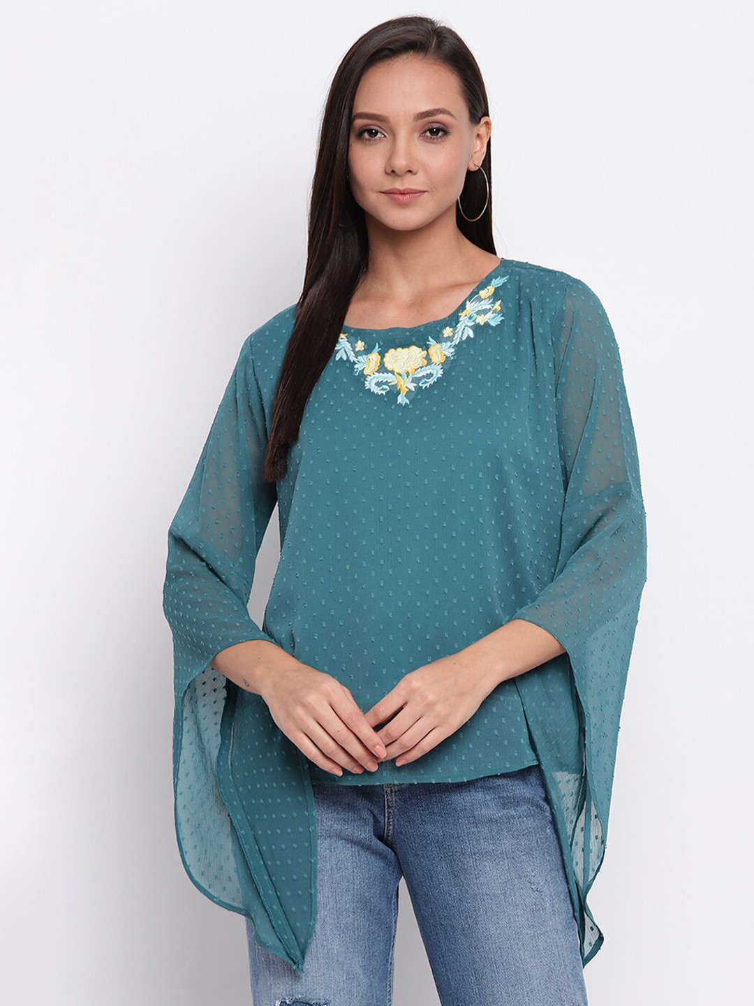 Teal Embroidered Detail Flared Sleeves Top