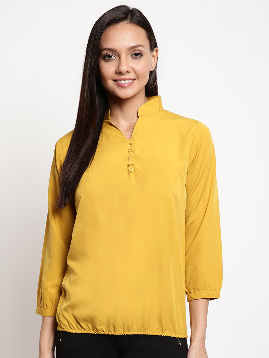 Yellow High Neck Blouson Top with Cuffed Sleeves
