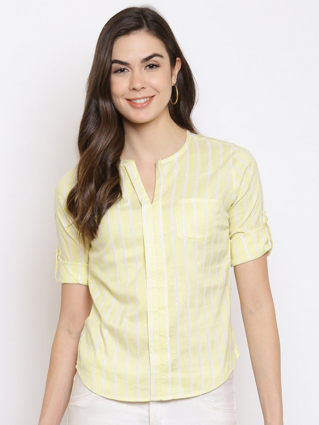 Mayra Round Neck Vertical Checked Roll-Up Sleeves Pure Cotton Shirt Style Top