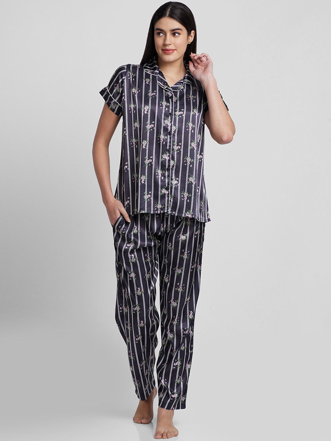 NOIRA Floral Printed Satin Night Suit