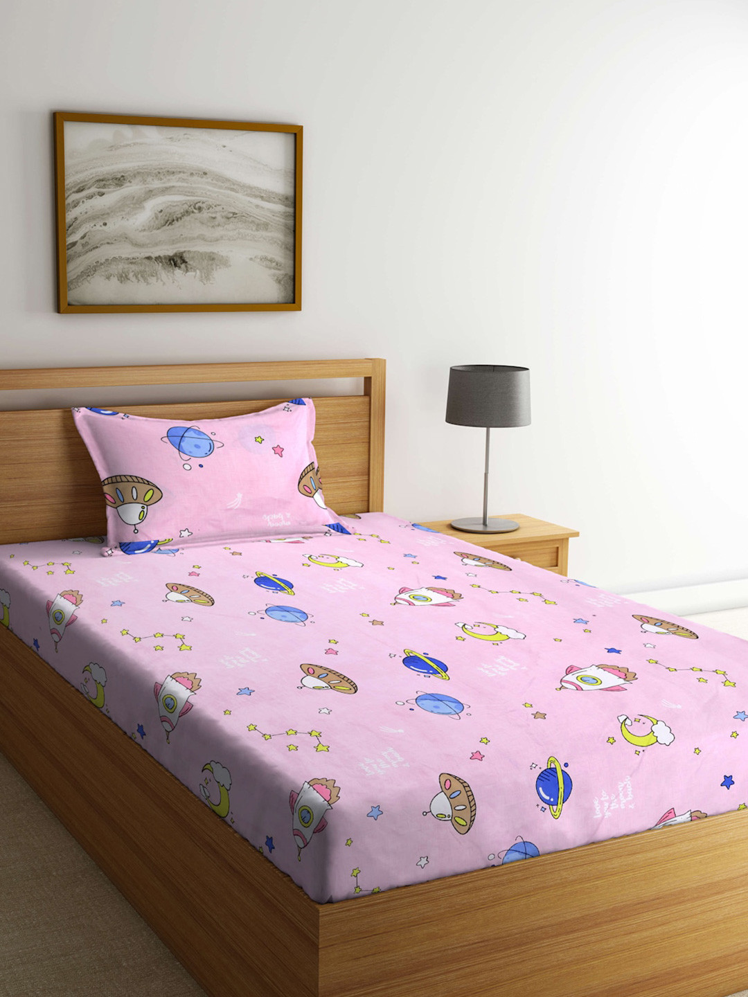 Arrabi Urban Comfort Pink Conversational Polycotton Skin-Friendly 300 TC Single Fine Bedsheet with a Pillow Cover-85 x 59 inches