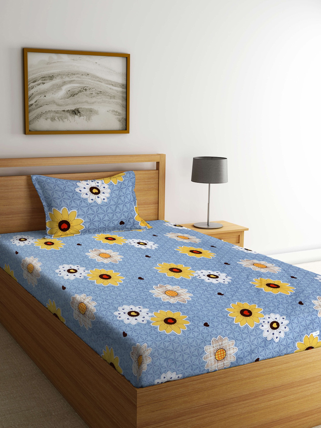 Arrabi Grey Floral Polycotton Skin-Friendly 300 TC Single Fine Bedsheet with a Pillow Cover-215 x 150 cm