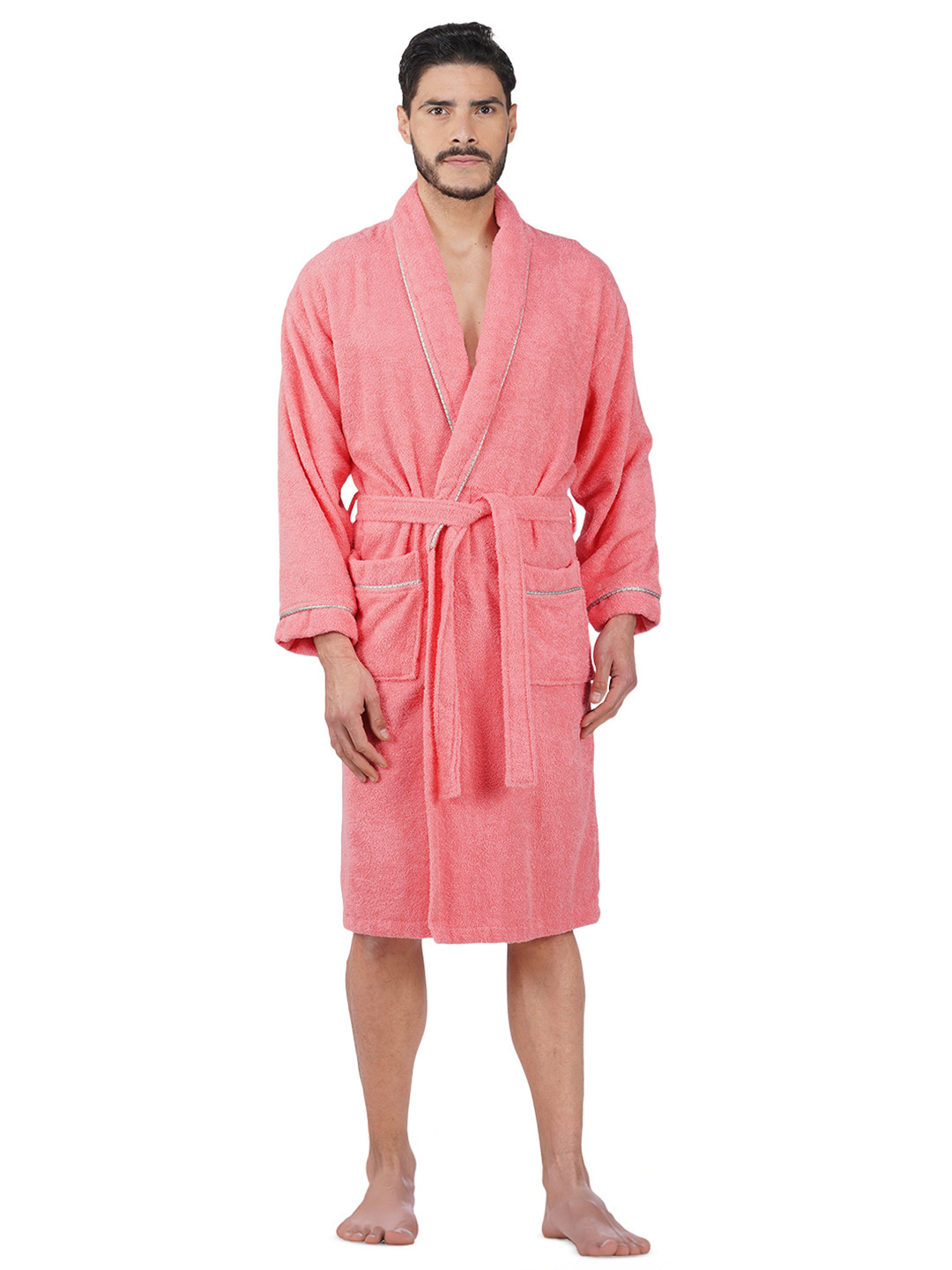RANGOLI Sunshine Coral Cotton Drawstring Knee Length Bath Robe with Pair Slipper-XL