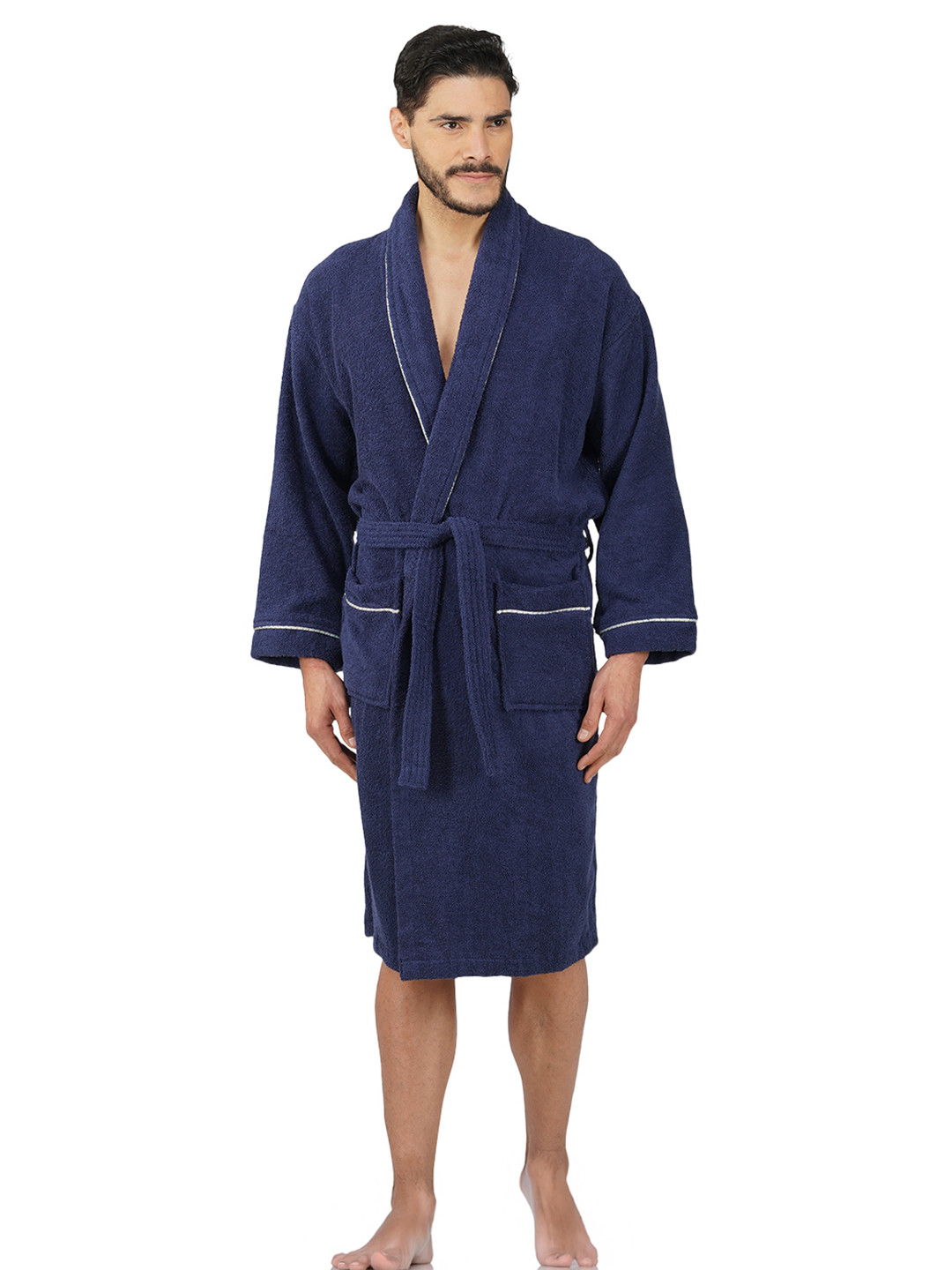 RANGOLI Sunshine Navy Blue Cotton Drawstring Knee Length Bath Robe with Pair Slipper-XL