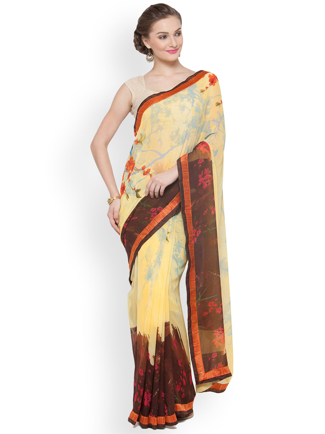 Kvsfab Yellow & Brown Poly Georgette Printed Saree