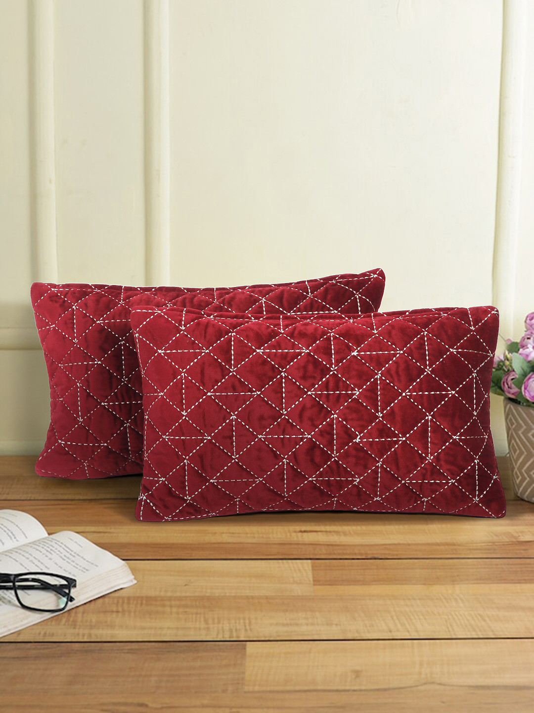 eyda Quilted Velvet Anti-Wrinkle 2 Pcs Embroidered Rectangle Cushion Covers -12x20In
