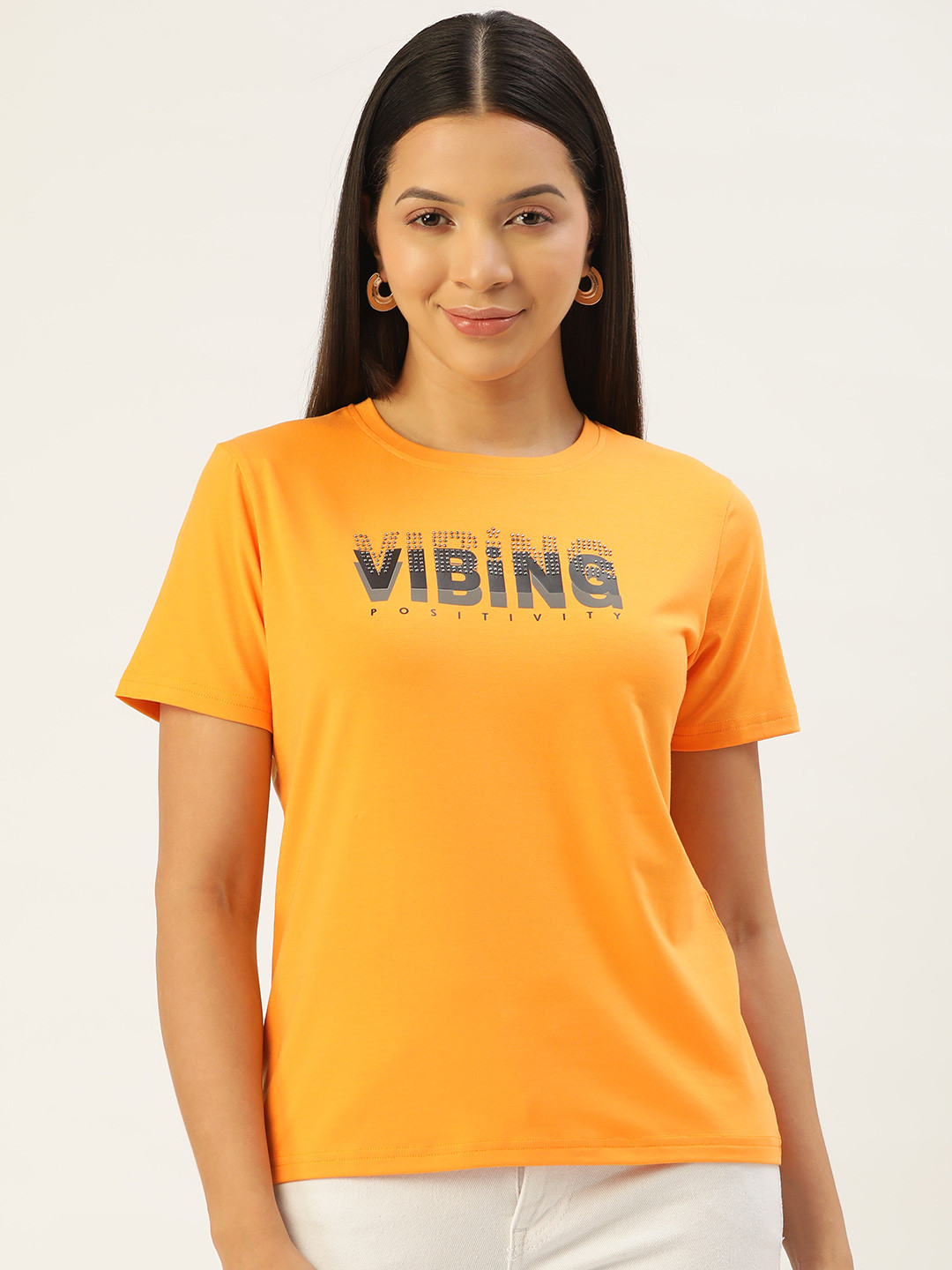 FEMEA Round Neck Typography Printed T-shirt