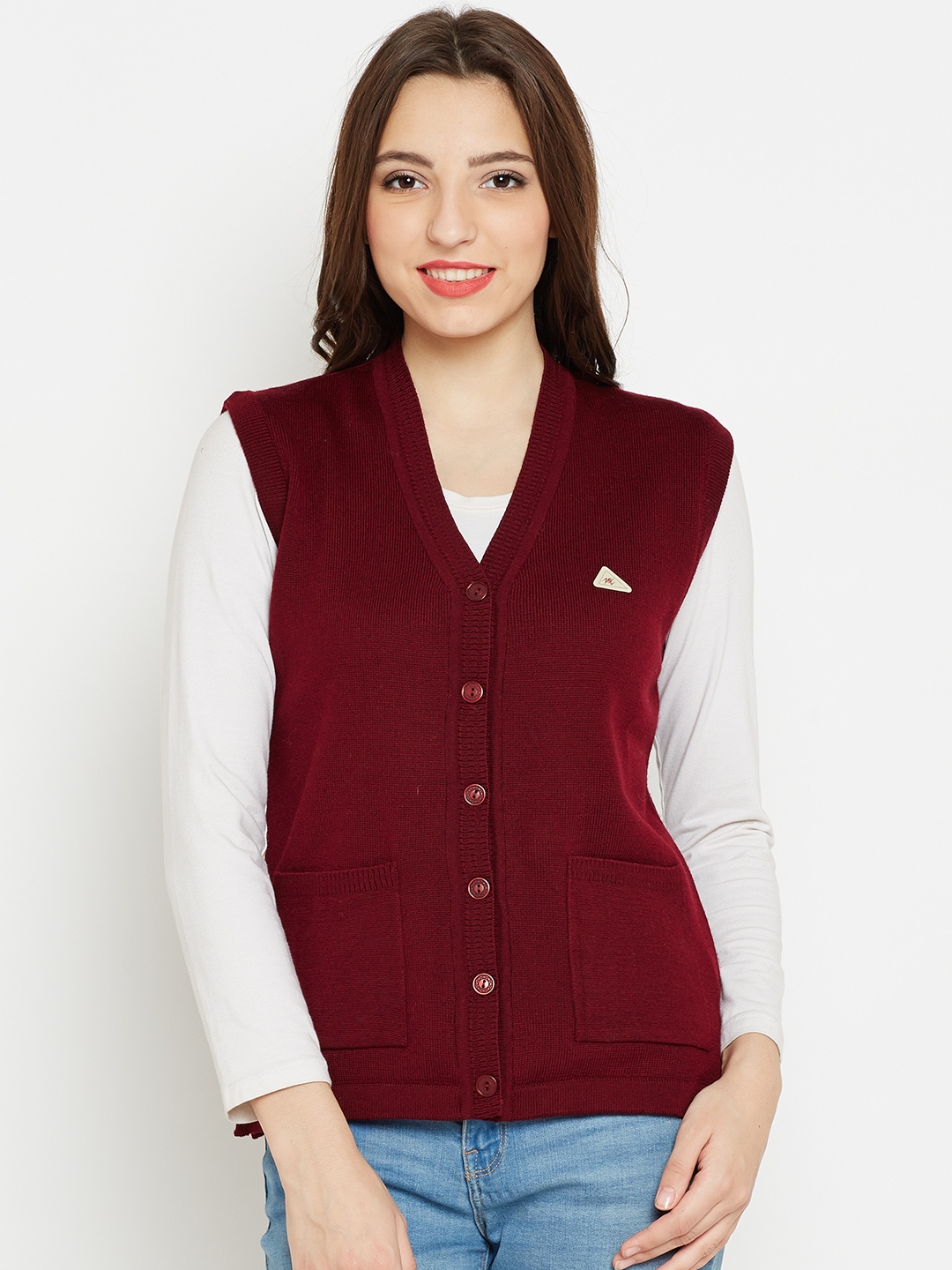 maroon sleeveless cardigan