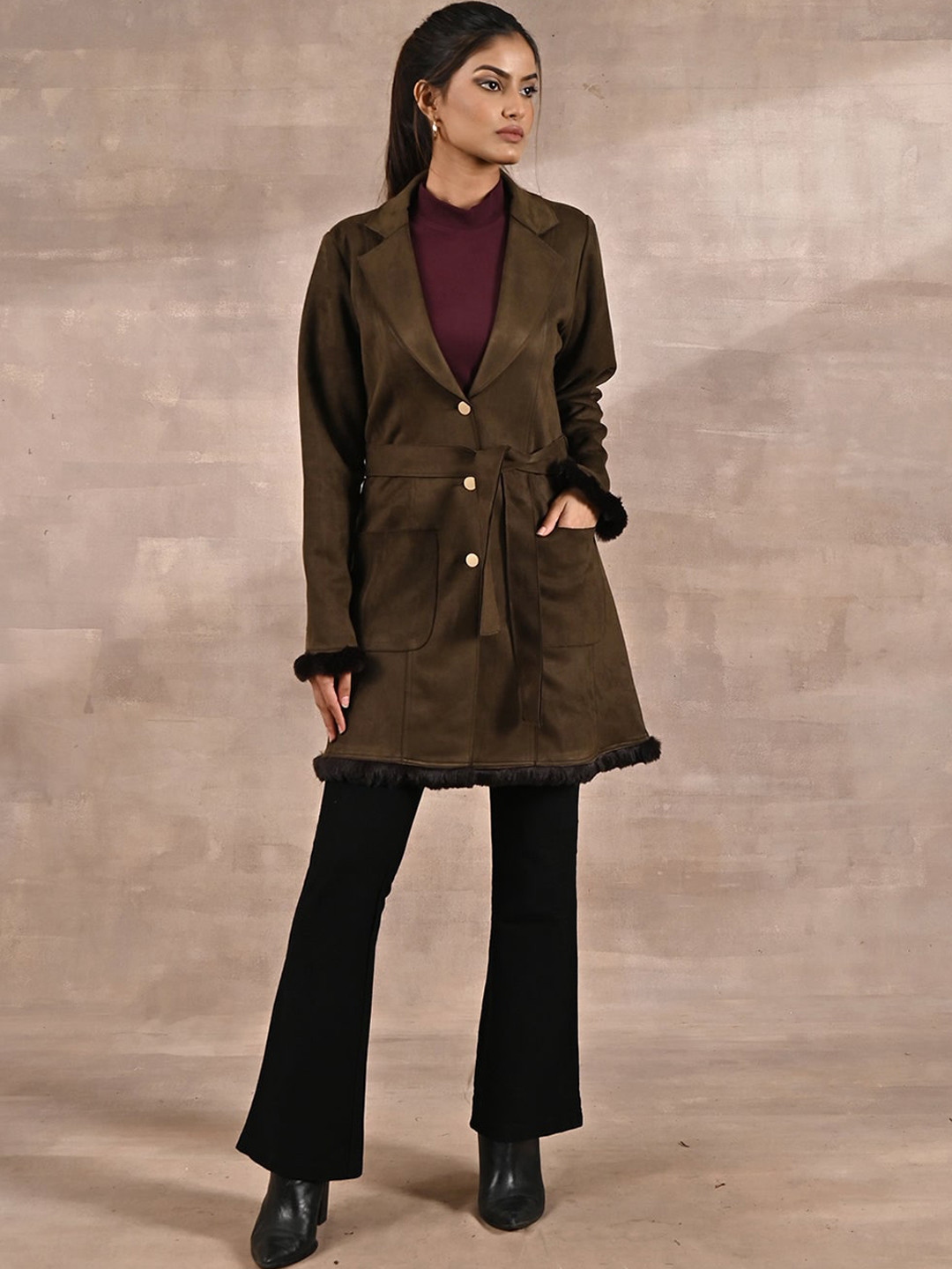 Lakshita Women Suede Regular Fit Trench Coat