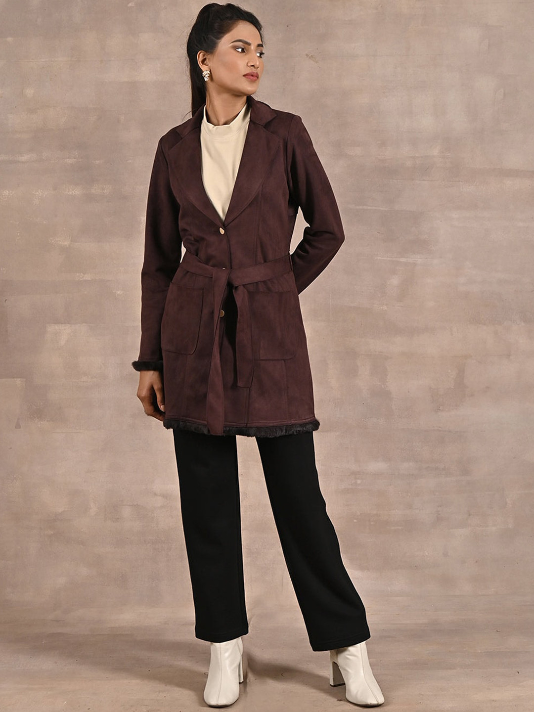 Lakshita Single-Breasted Long Suede Trench Coat