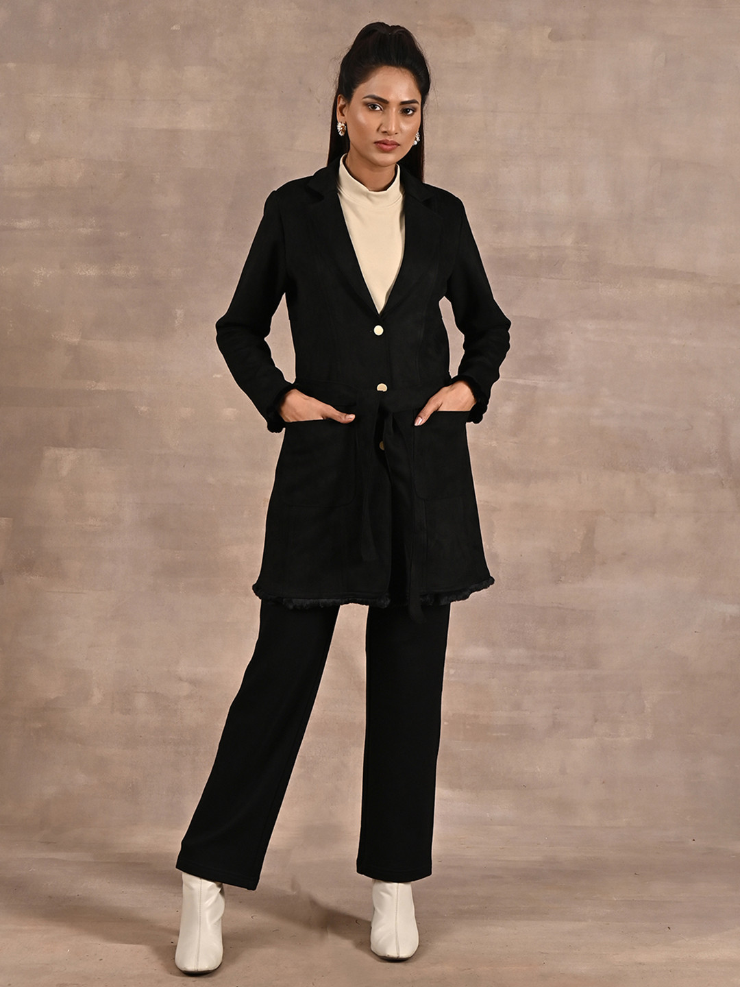 Lakshita Fur Trim Belted Longline Trench Coat