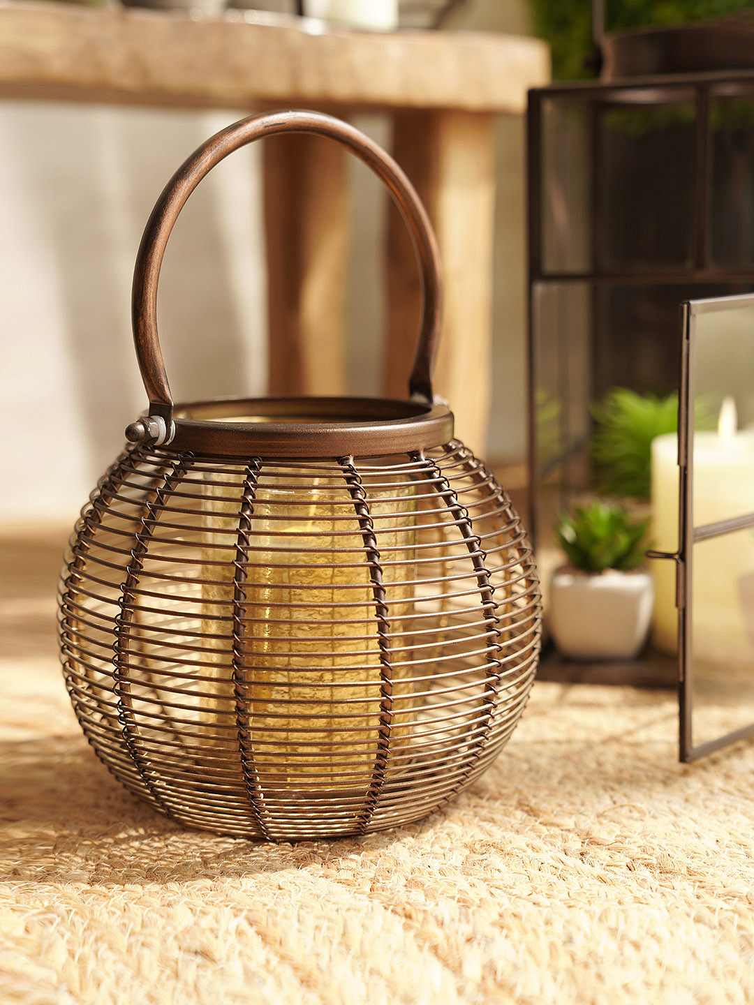 Pure Home and Living Brown Round Metal Wire Lantern With Glass