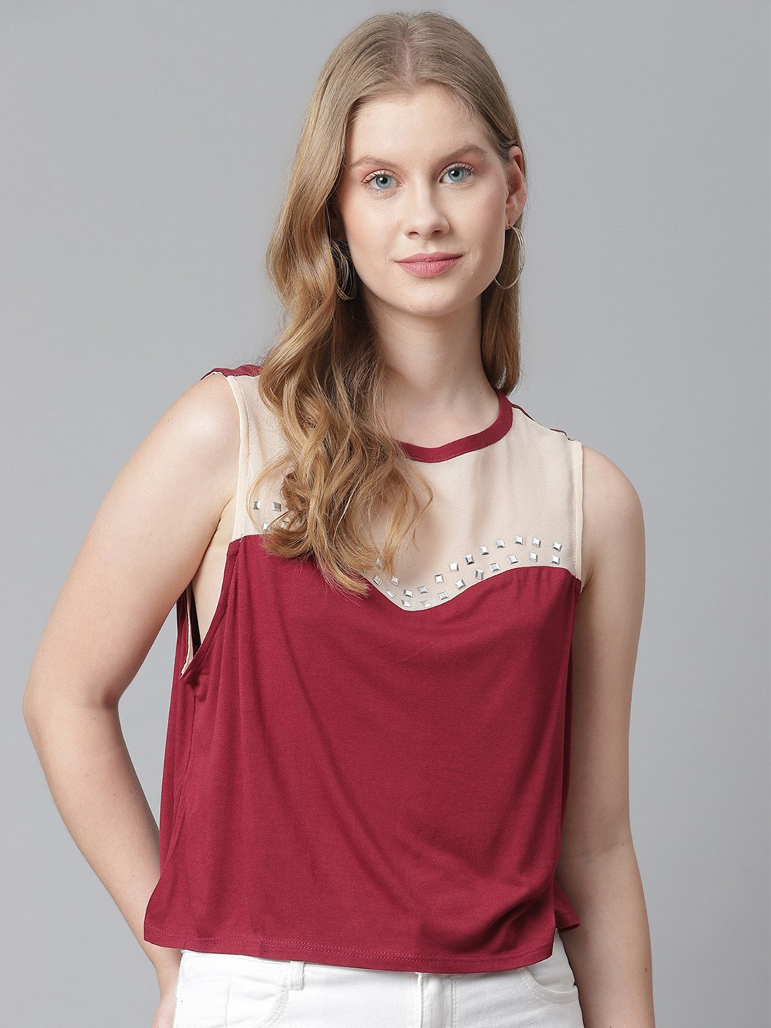 RIVI Colourblocked Sleveless Pure Cotton Regular Top