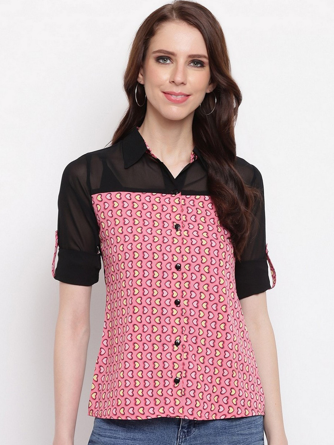 RIVI Conversational Print Roll-Up Sleeves Shirt Style Top