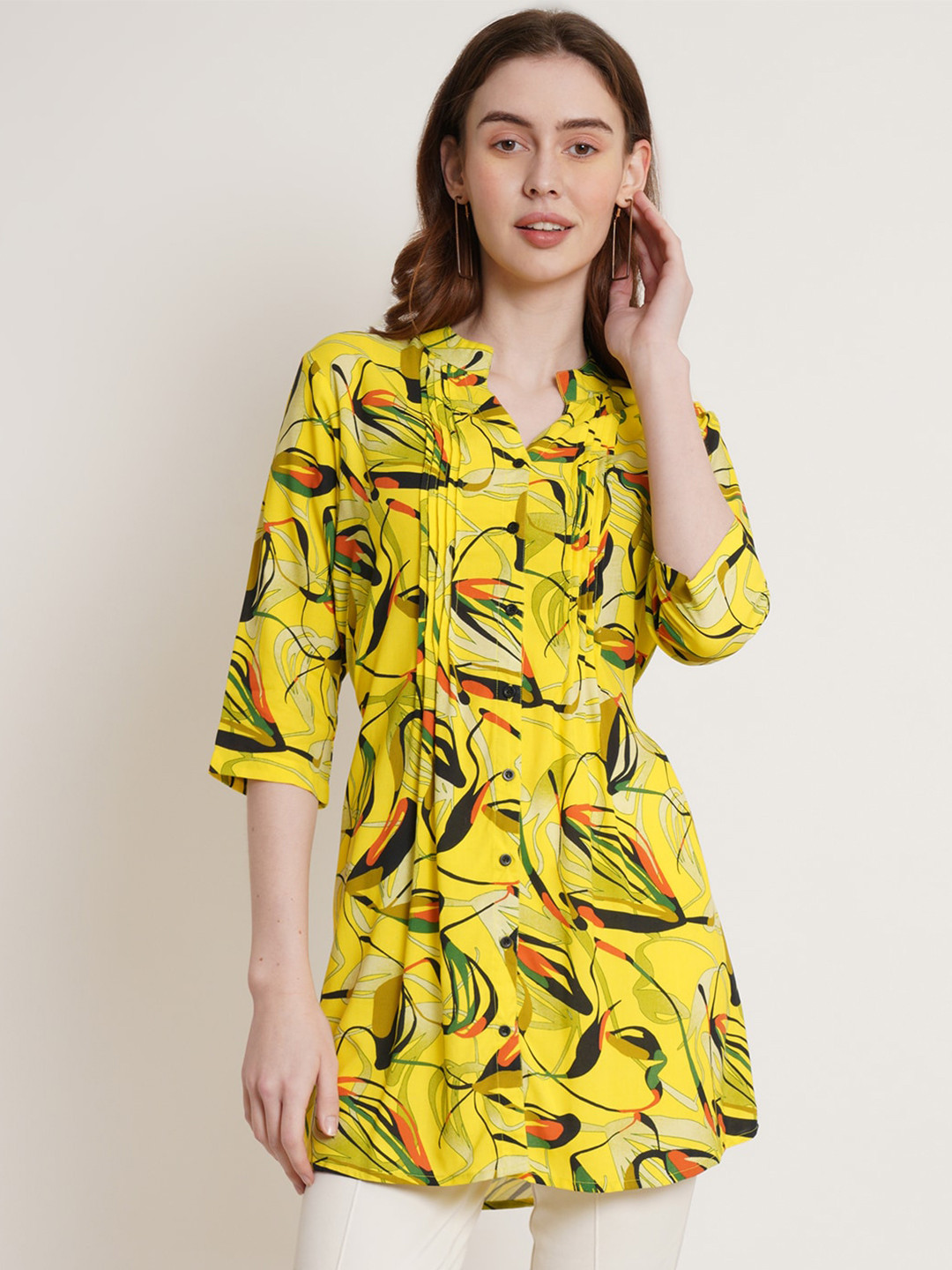 Hive91 Floral Printed Band Collar A-line Tunic With Pintuck Details