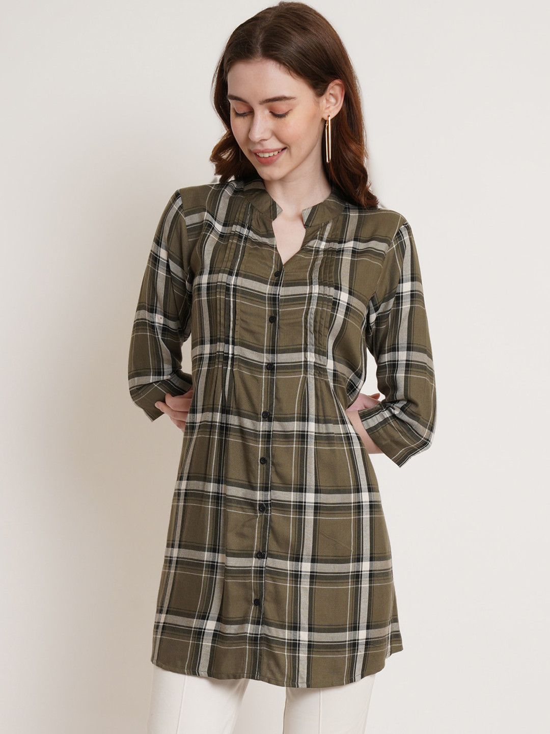 Hive91 Checked Band Collar A-line Tunic With Pintuck Details