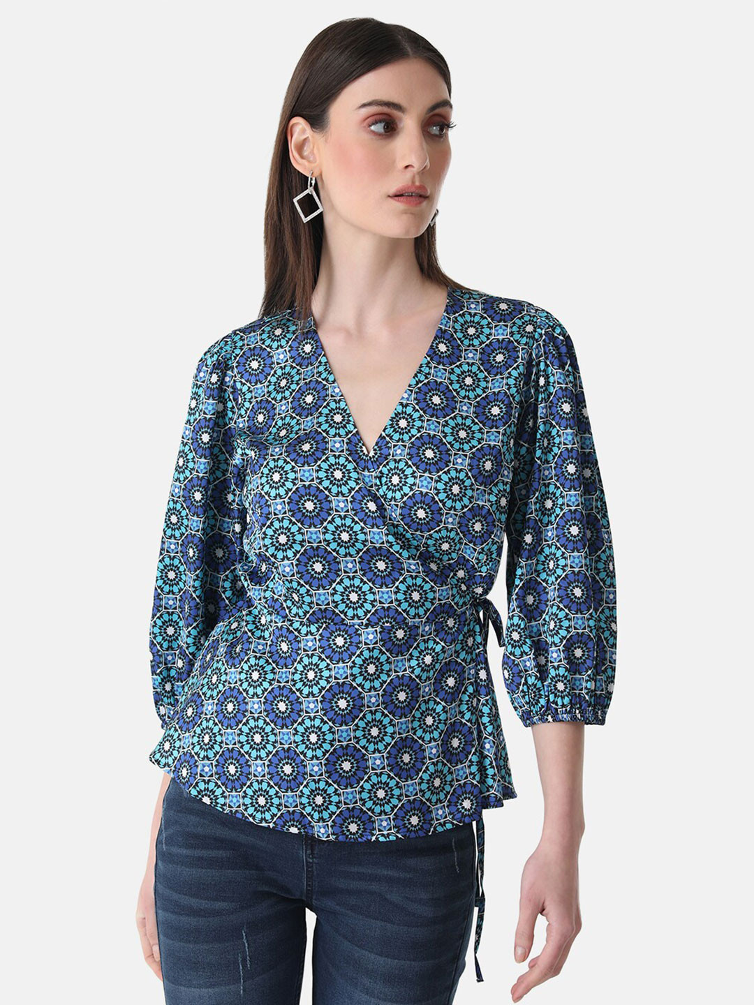Kazo Floral Printed V-Neck Puff Sleeved Wrap Top