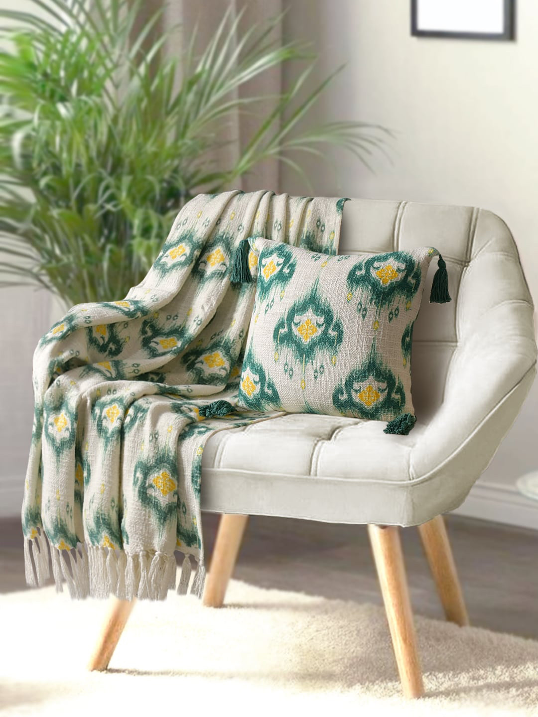 BLANC9 Green & White Self-Design Pure Cotton Blanket