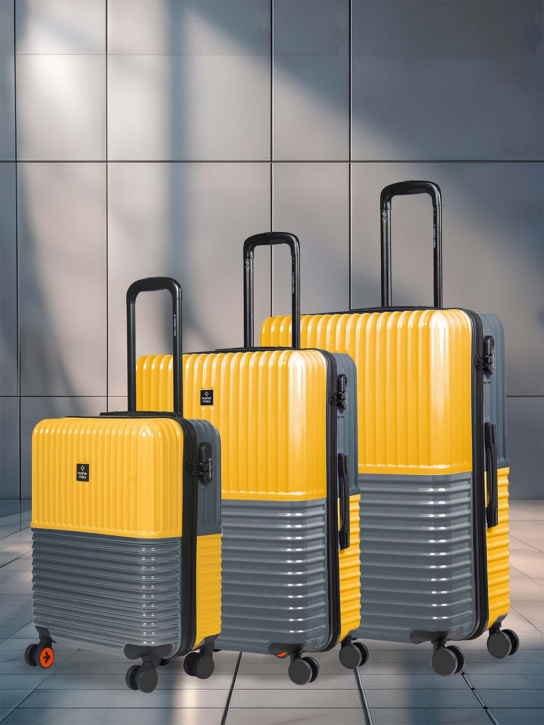 Nasher Miles Istanbul Hard ABS & PC Set of 3 S/M/L Yellow Grey Trolley Bags 55-65-75cm