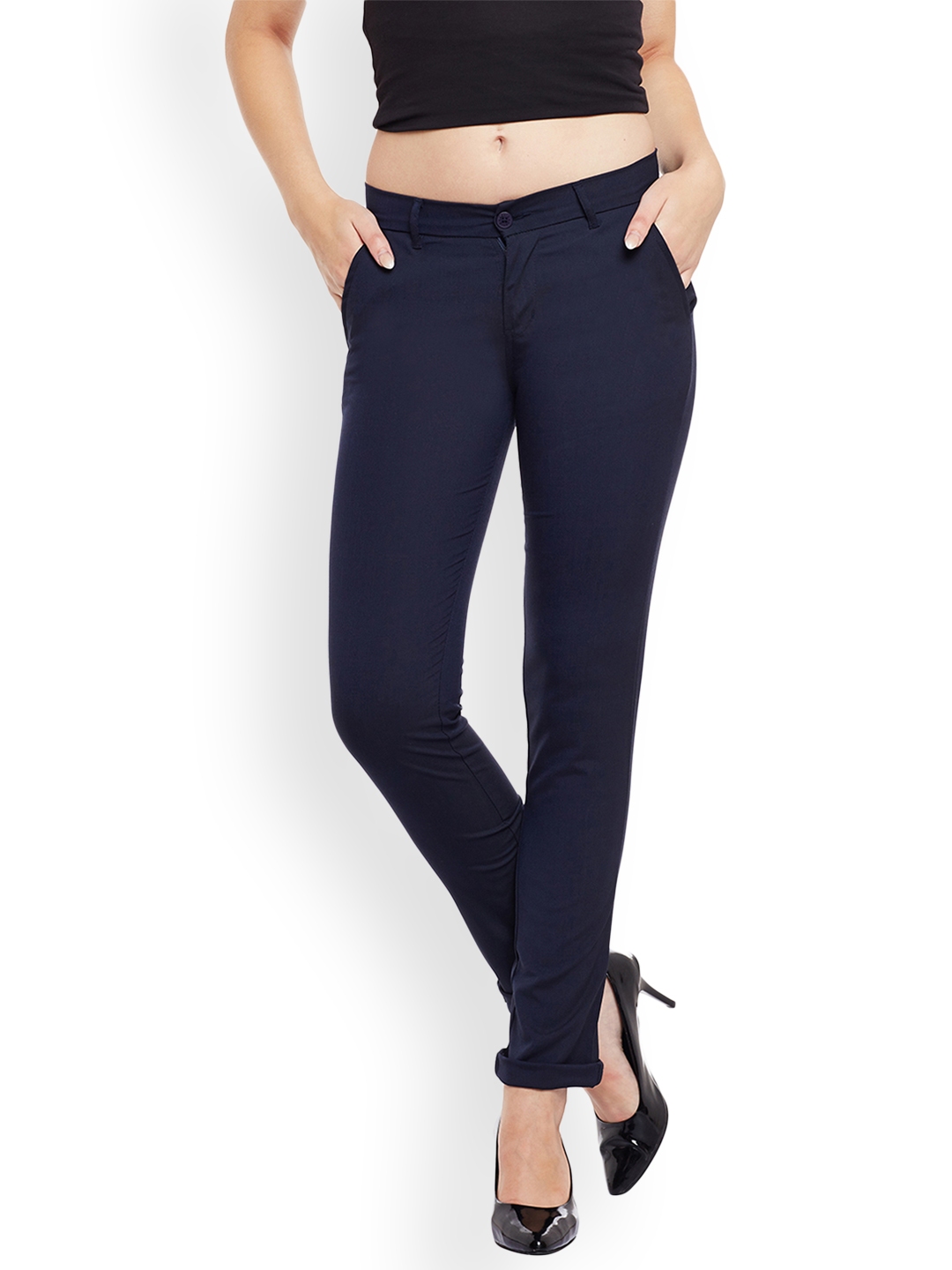 Buy TULSATTVA Women Navy Blue Smart Flared Solid Parallel Trousers at  Amazonin