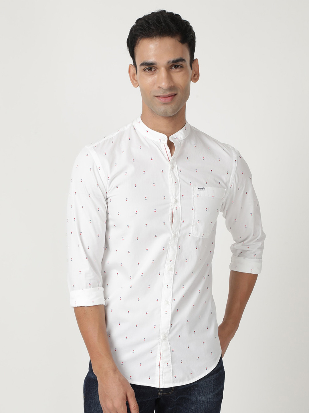 Wrangler Collarless Slim Fit Band Collar Micro Printed Casual Cotton Shirt