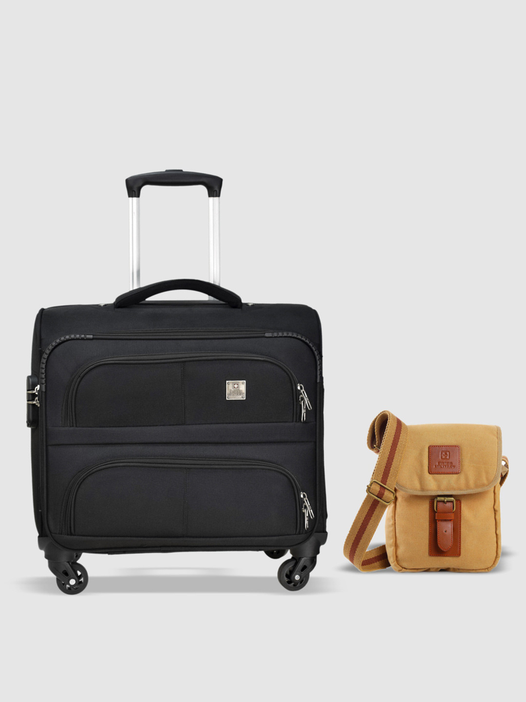 SWISS MILITARY Set Of 2 Textured Soft-Sided Small Trolley Overnighter & Sling Bag