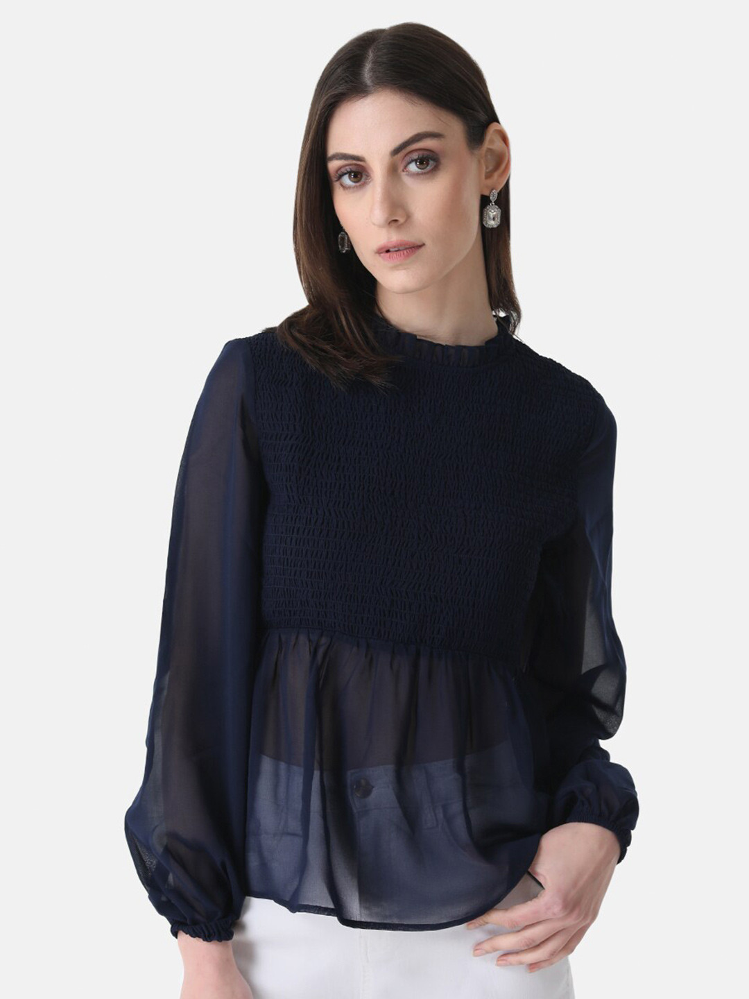 Kazo Self Design Smocked Puff Sleeves Regular Top