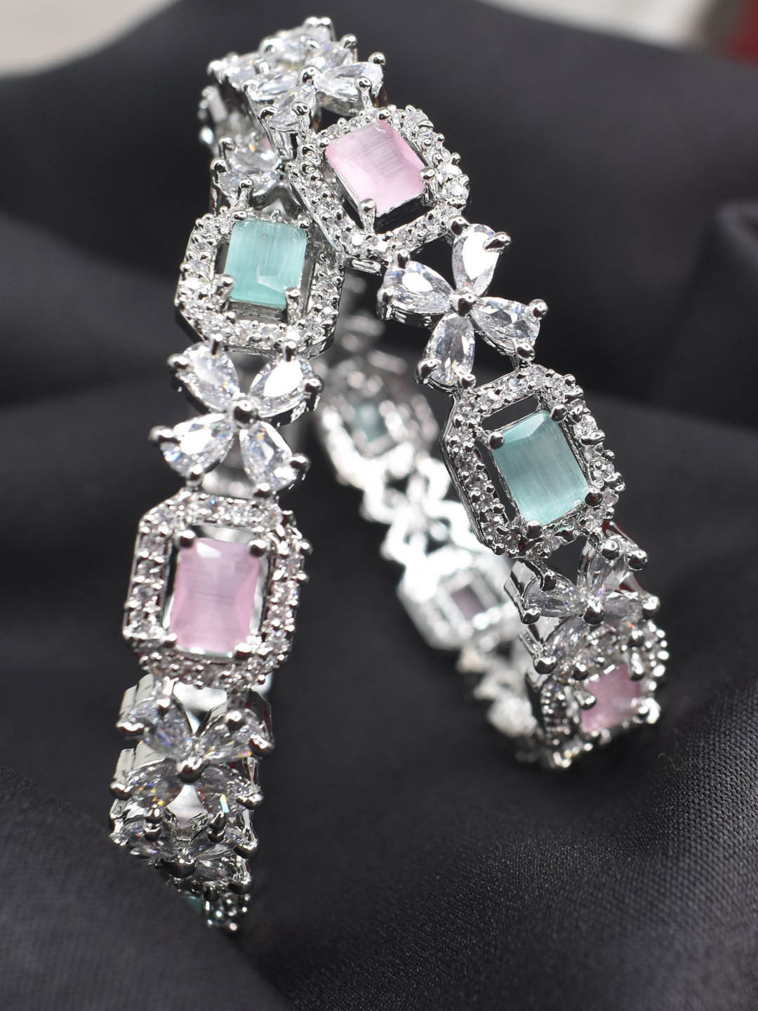 STEORRA JEWELS Set Of 2 Silver-Plated White & Pink AD-Studded Bangles