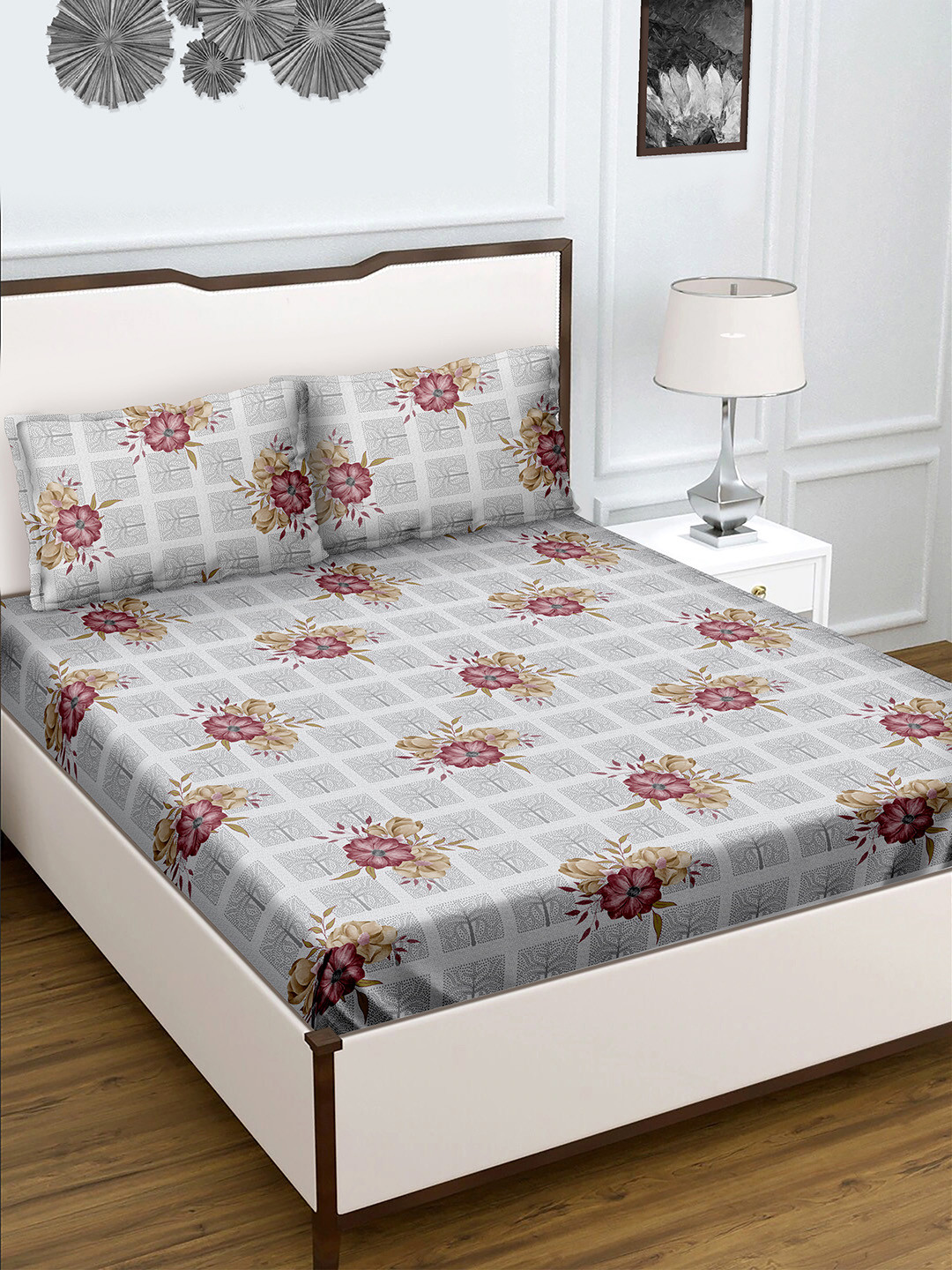 BELLA CASA Radiant Collection Grey Floral Cotton 150 TC King Bedsheet with 2 Pillow Covers-215 x 230 cm