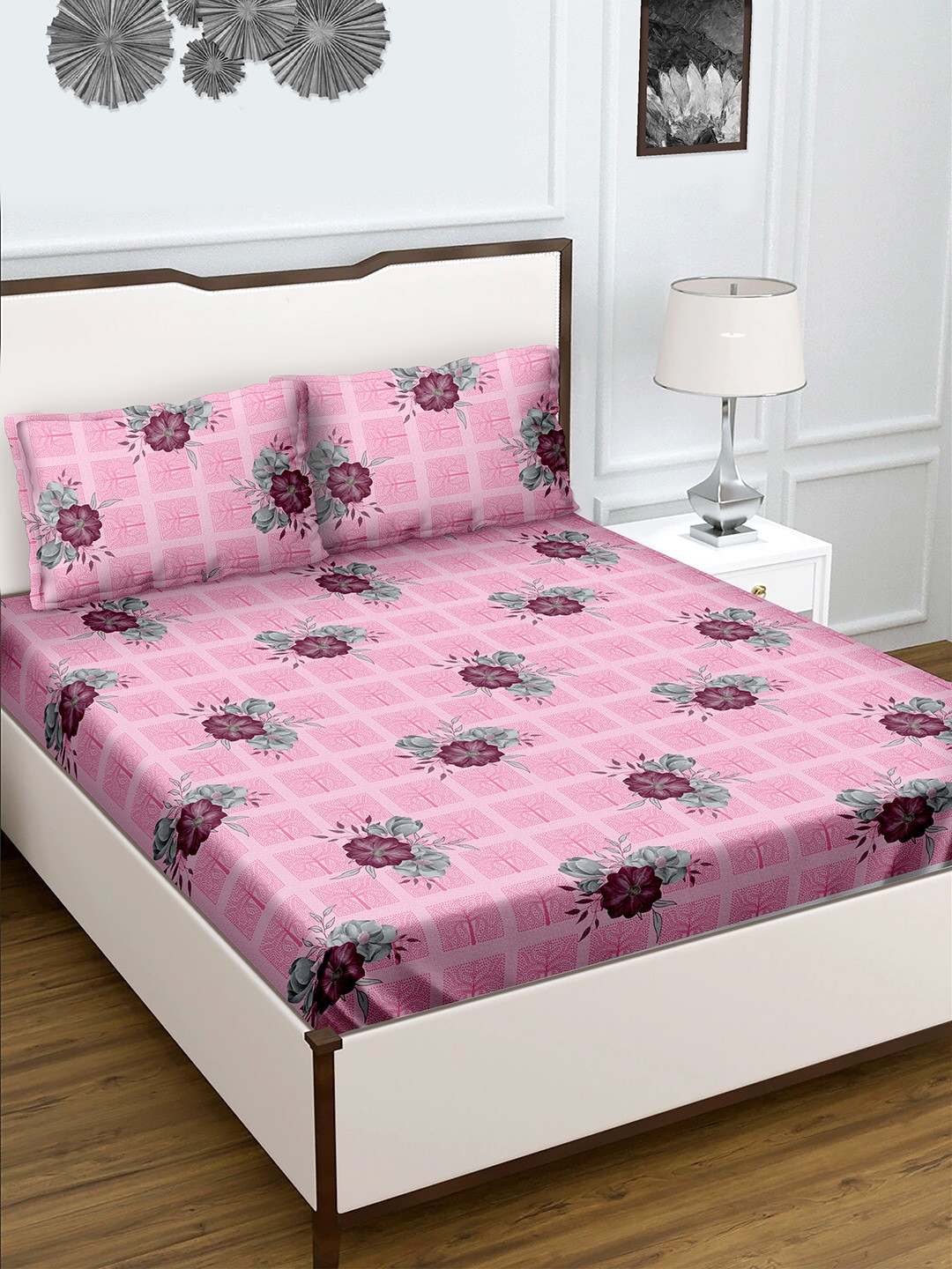 BELLA CASA Radiant Collection Pink Floral Cotton 150 TC King Bedsheet with 2 Pillow Covers-79 x 91 inches