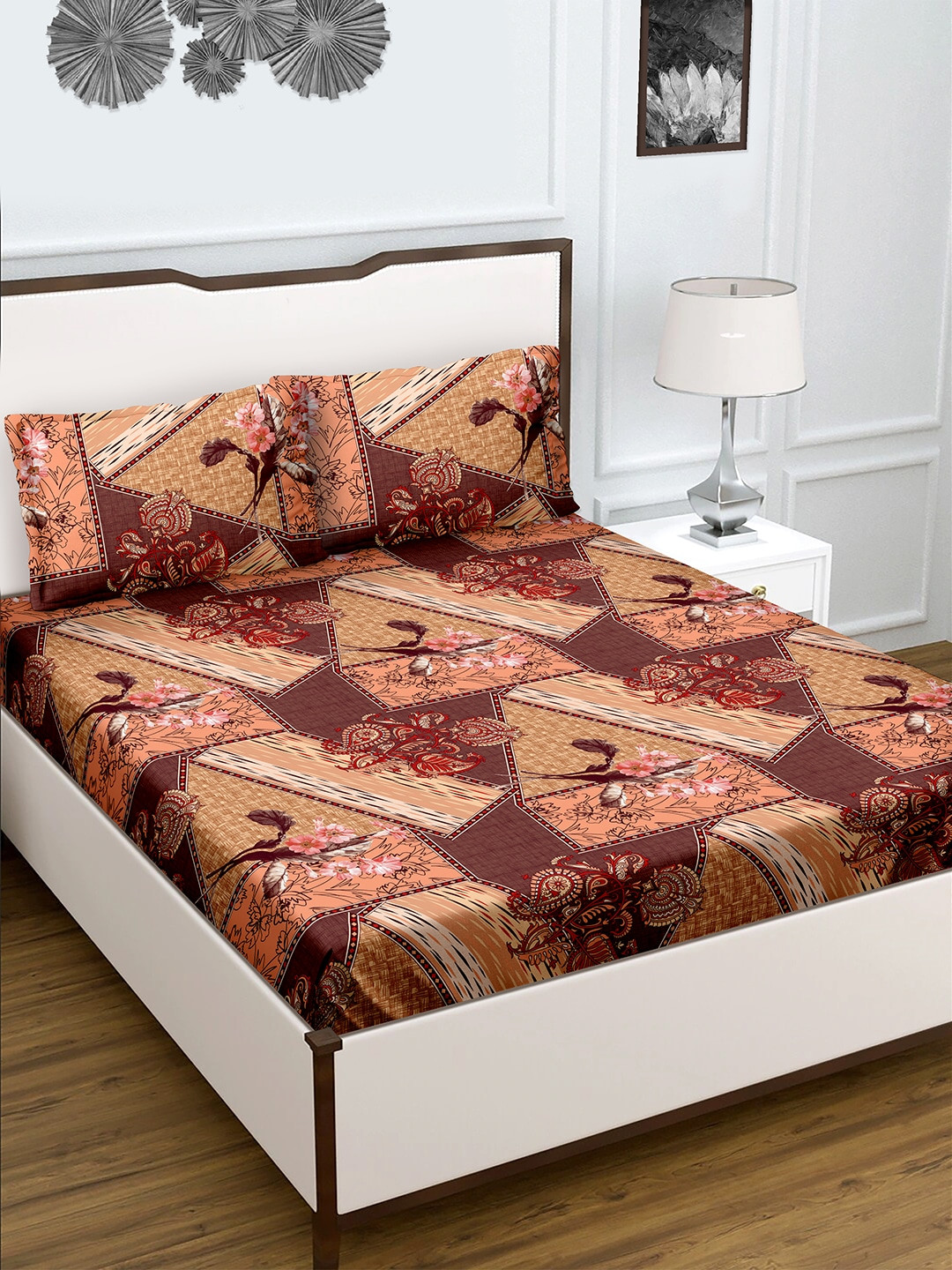 BELLA CASA Radiant Collection Brown Floral Cotton 150 TC King Bedsheet with 2 Pillow Covers-91 x 87 inches