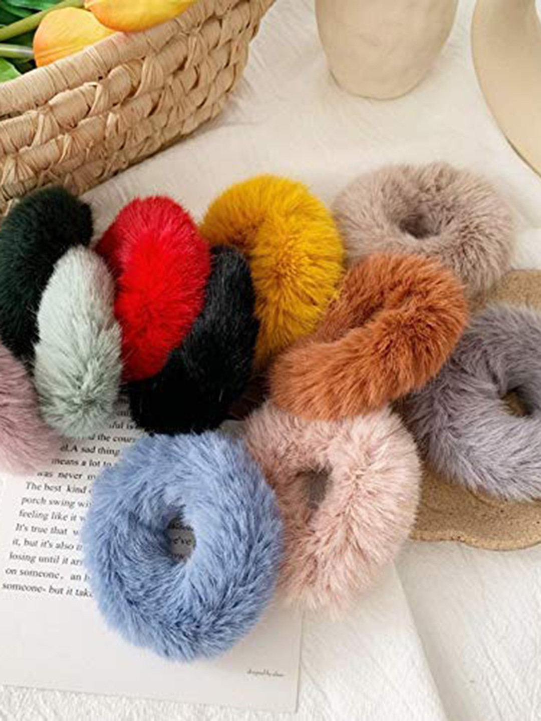 CHANDERKASH Women Set Of 12 Fur Elastic Fluffy Faux Rope Furry Band Ponytail Holders