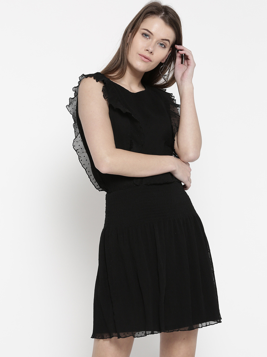 promod Women Black Ruffle Detail Fit & Flare Dress