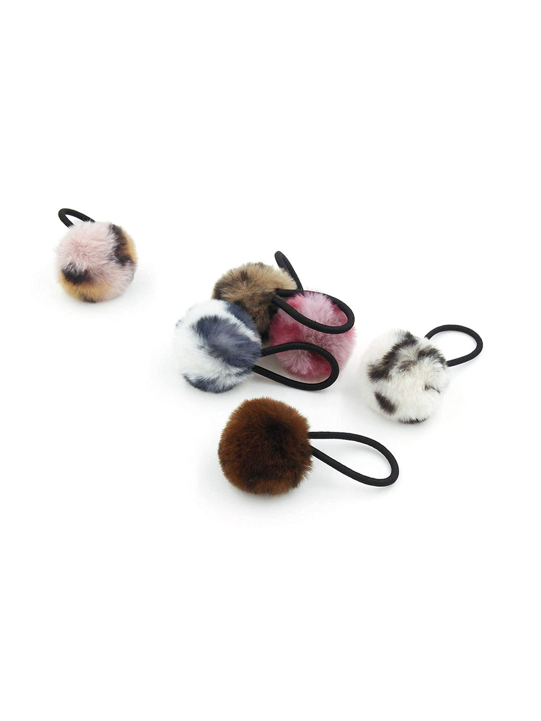 CHANDERKASH Women Set of 6 Leopard Faux Fur Fluffy Pompoms Elastic Ponytail Holders