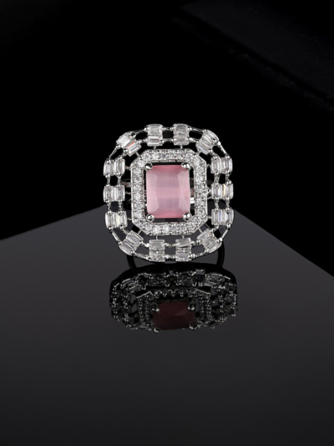 Estele Rhodium-Plated CZ-Studded Adjustable Finger Ring