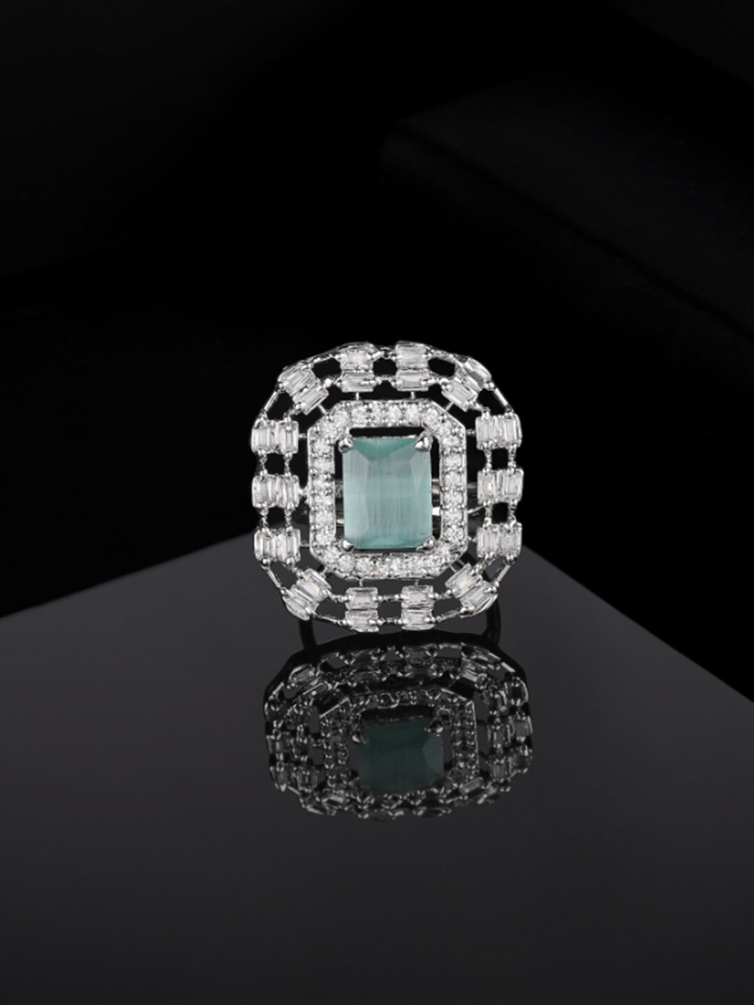 Estele Rhodium-Plated CZ-Studded Adjustable Finger Ring